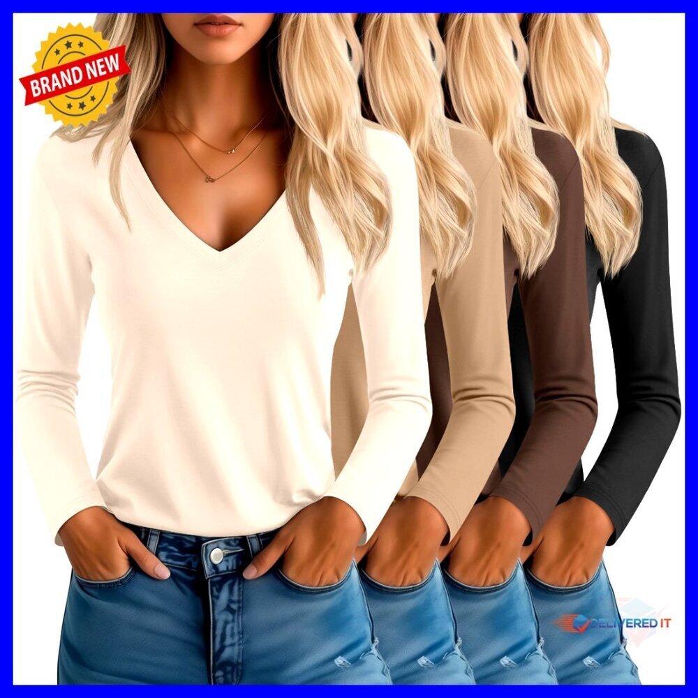4 Pack V-Neck Long Sleeve T-Shirts Loose Fit Casual Layering Tops